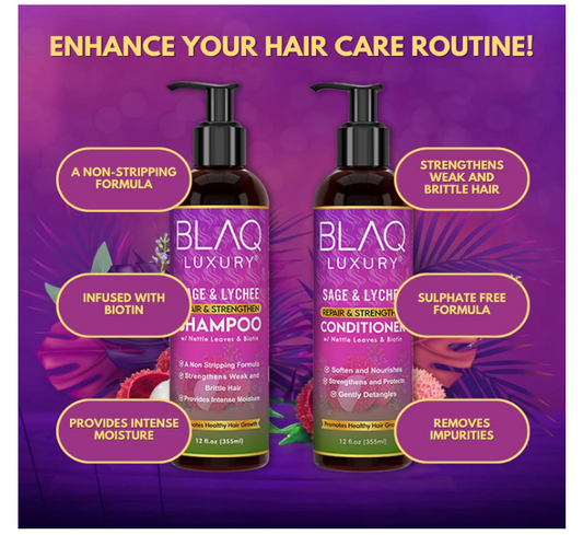 Blaq Luxury Sage & Lychee Wash and Style Gift Bundle with Biotin and Nettle | Strengthening Shampoo, Conditioner, Hair Masque, Daily Styling Lotion and Strong Hold Styler Gel
