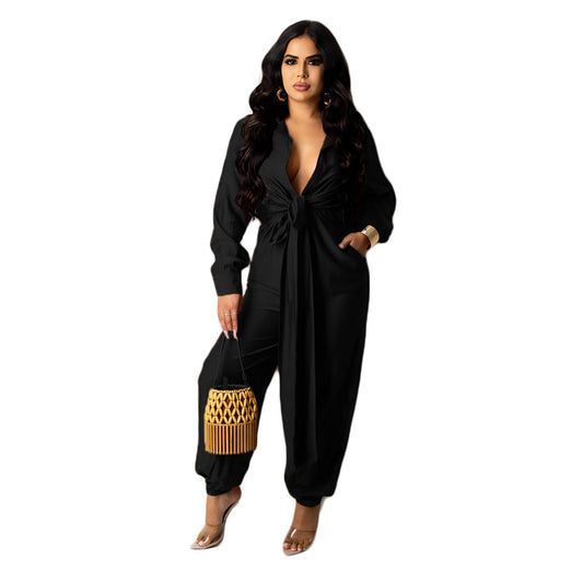 Solid Color Tied Long Sleeve Cool Women Jump Suit