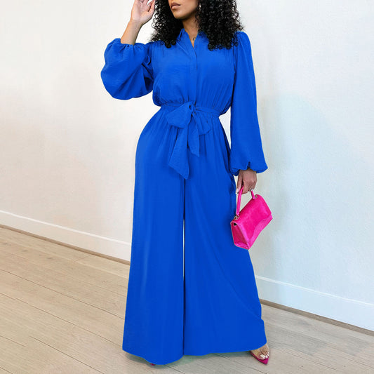 Women Clothing Long Sleeve Solid Color High Waist Loose Casual Jumpsuit