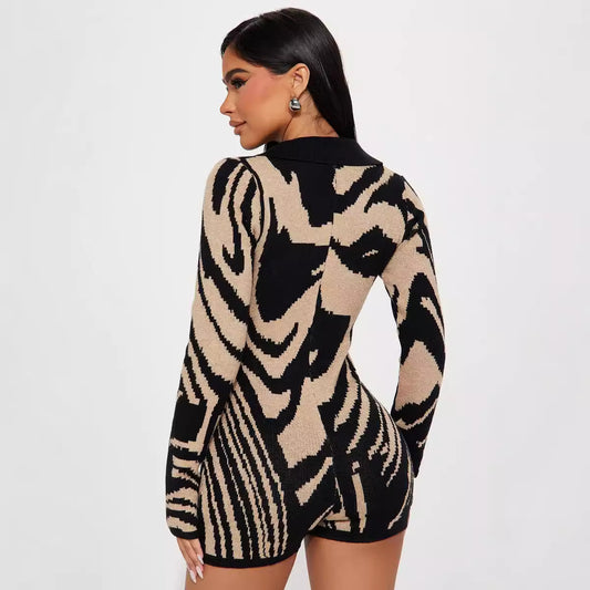 Autumn Winter Women Collared Woolen Color Block Stitching Irregular Asymmetric Contrast Color Casual Long Sleeve Romper