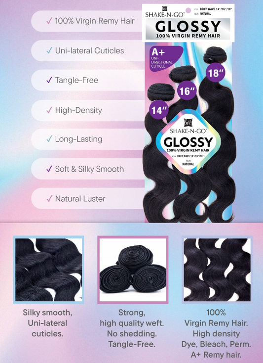 Shake N Go 100% Human Virgin Remy Hair Extensions Glossy - 3 Bundles