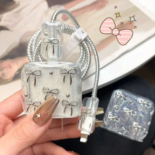 Cute Clear 3D Bowknot Pearl Wave Border Epoxy USB Protector Cover For iPhone 18W-20W Data Line Head Cord Fast Charging Case